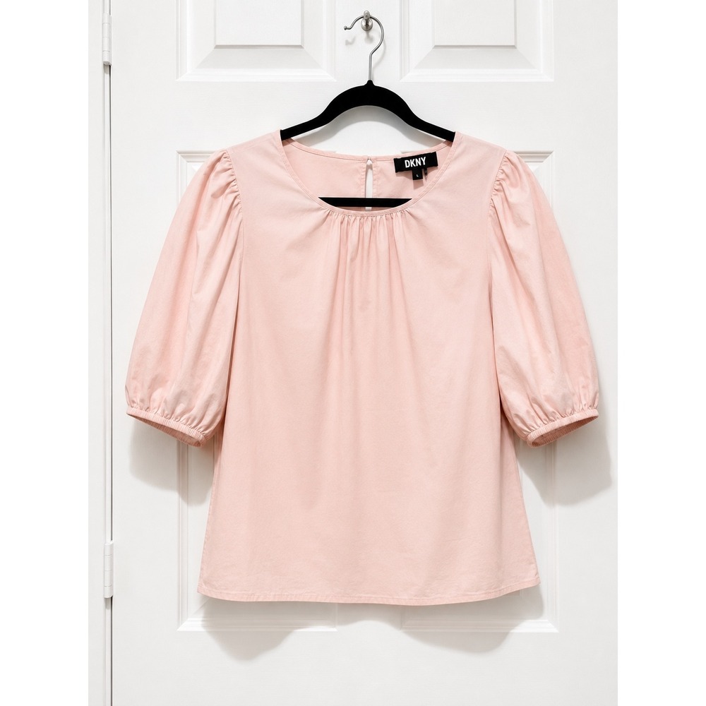 DKNY Women Pink Puff Sleeve Blouse Gathered Neck Keyhole Back Top Size M